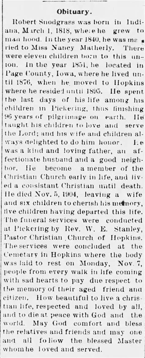 Robert Snodgrass obituary The Hopkins Journal Nove 10,1904 - Newspapers ...