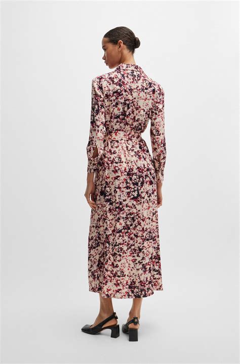 BOSS - Long-sleeved shirt dress in floral-print satin - Patterned