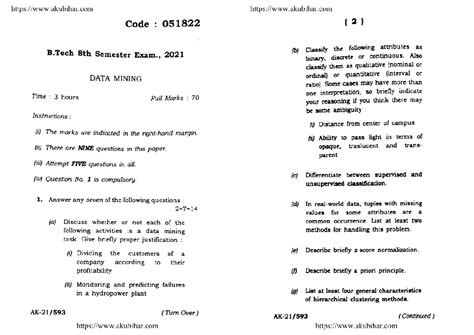 Btech cse 8 sem data mining 051822 2021 - Code : 051822 1 2 ) B 8th ...