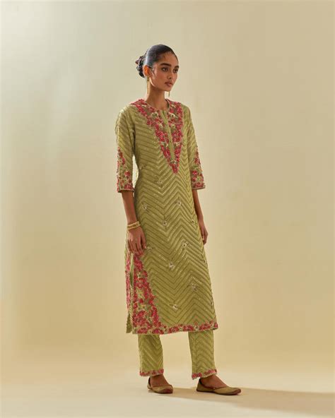 Green tissue chanderi straight kurta set with delicate hand cut silk f ...