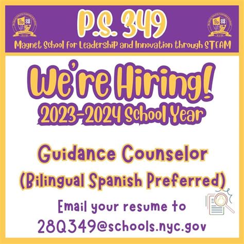 P.S. 349 is hiring a Guidance Counselor! Bilingual Spanish preferred. Send your resume to 28q349 ...