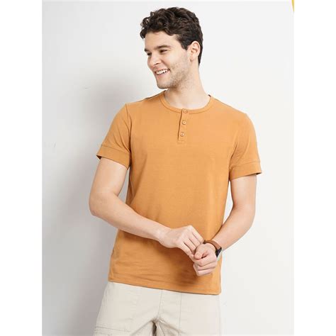Buy CELIO Men Brown Solid Regular Fit Supima Cotton Henley Neck T-Shirt ...