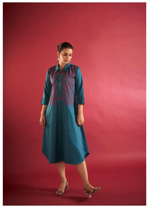 Buy Teal Blue Embroidered Thread Work Poplin Dress - Where Tradition ...