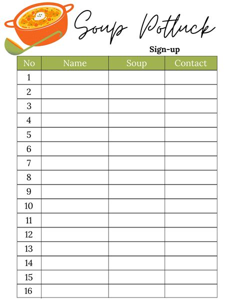 Potluck Sign up Sheet | Soup Potluck Sign up Sheet | Soup Potluck Sheet | Potluck Sign up Sheet ...