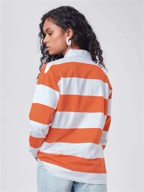 Buy Solids Orange Striped Womens Rugby Polos Online