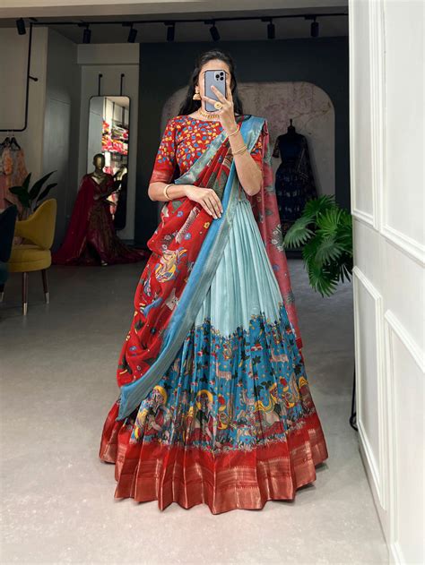 Sky Blue Color Kalamkari Print With Weaving Work Dola Silk Lehenga Cho ...