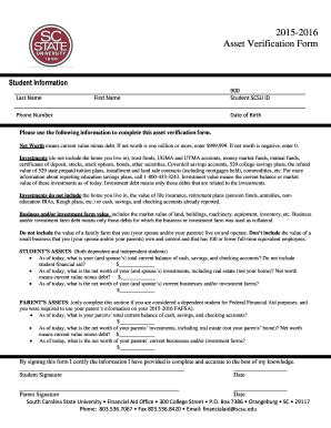Fillable Online scsu Asset Verification Worksheet - South Carolina ...