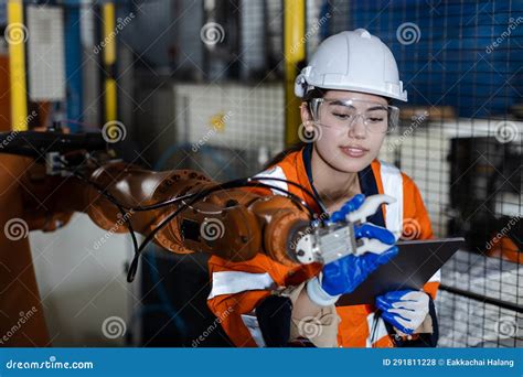 Female Technician Modern Factory, Technical of Robot Operation Department. Engineer Worker Use ...