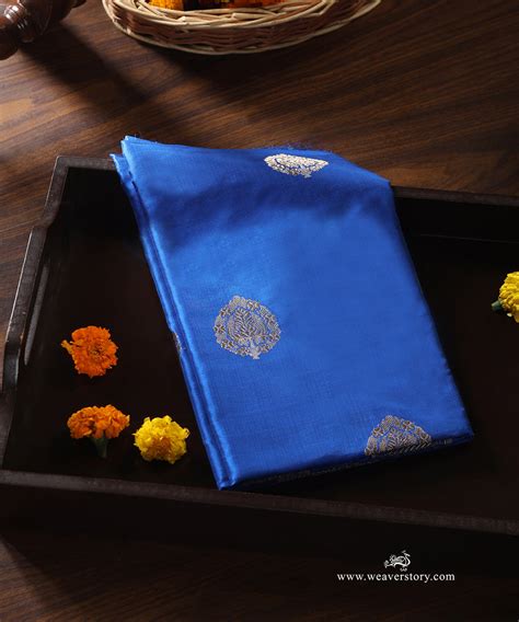 Electric Blue Handloom Pure Katan Silk Banarasi Dupatta With Small Kad ...