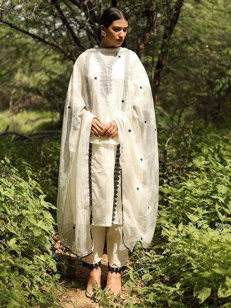 Buy Off White Black Cotton Lace Suit with Embroidered Kota Doria ...