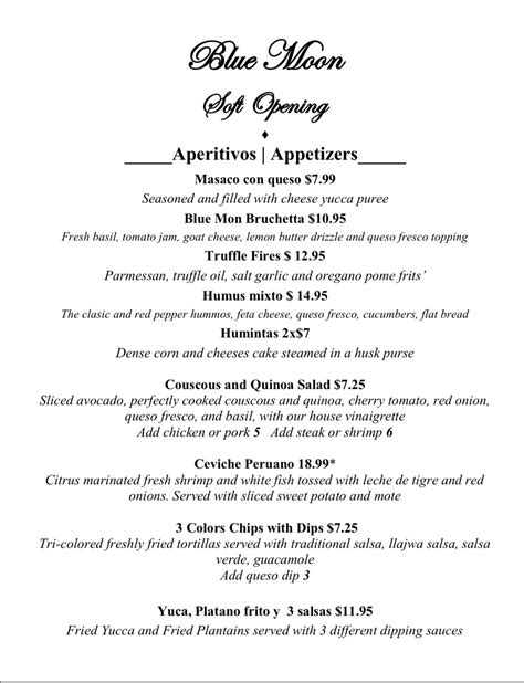 Menu at Blue Moon Lounge restaurant, Annandale