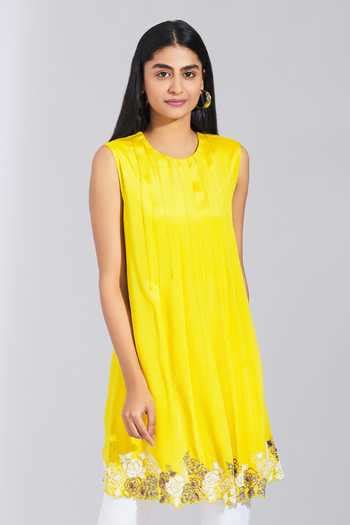 Buy Half Full Curve Yellow Crepe Chiffon Embroidered Tunic Online | Aza ...