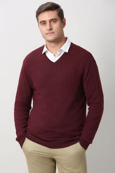 Buy Men Maroon Textured V Neck Sweater Online - 40015798 | Peter England