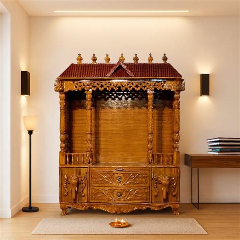 Mandirs | Teak Wood Teak Color Pooja Mandir | Chitraksha – DZYN Furnitures