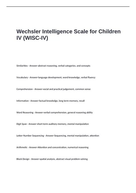 Wechsler Intelligence Scale for Children IV (WISC-IV) Exam Questions ...