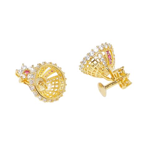 American Diamond CZ Traditional Gold Plated Red & White Brass Jhumka E ...