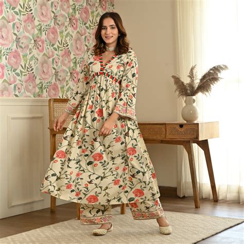 Buy Cream Front Gathered Kurta Pant Co-ord Set | Rustorange