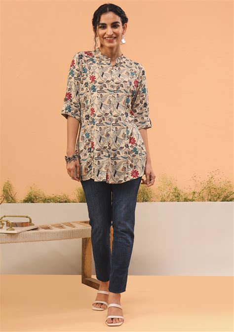 Multi-Floral Beige Rayon A-Line Shirt-Style Top | Buy Women Clothing