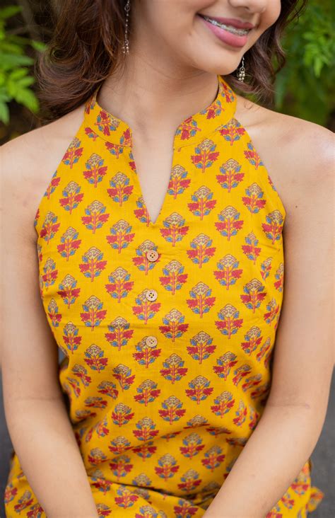 Mustard Yellow Cotton Halter Neck Short Kurti for Women | Sanganeri ...