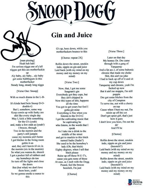 Snoop Dogg Signed Autographed GIN AND JUICE Song Lyric Sheet Beckett ...
