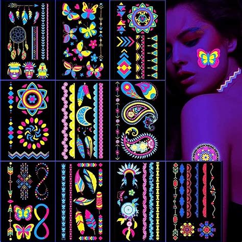 MAYCREATE® 10 Sheets Temporary Tattoo Stickers Night Glow in the Dark ...