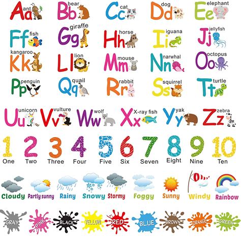 6 Sheets Alphabet Number Color Weather Learning Educational Wall Decals ...