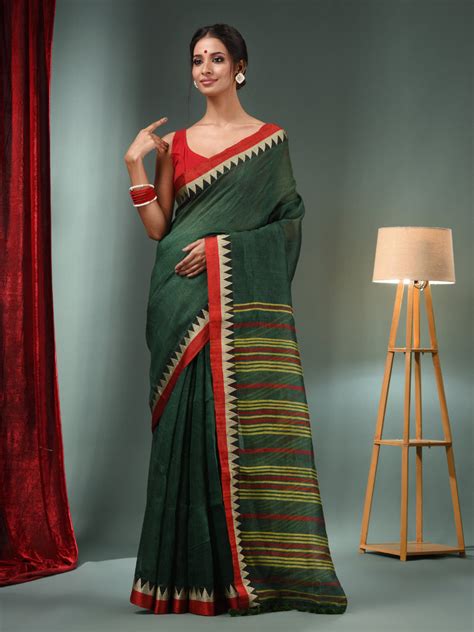 Forest Green Silk Linen Handwoven Saree With Temple Border – Charukriti