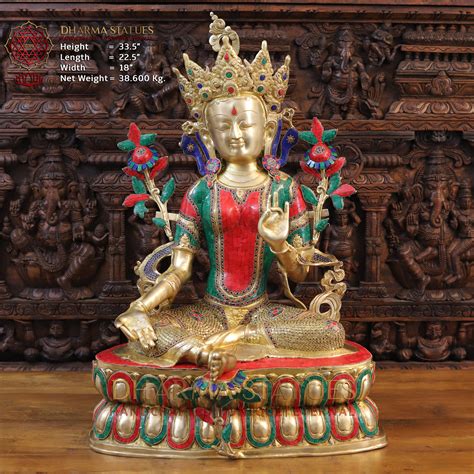 Brass Tara seated, Blessing Position, Golden & Stonework, 33.5 ...