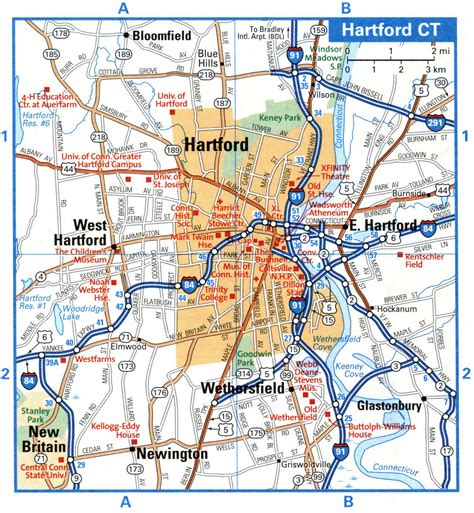 Hartford city interstate highway map road free toll I-84 I-91 I-291 - free