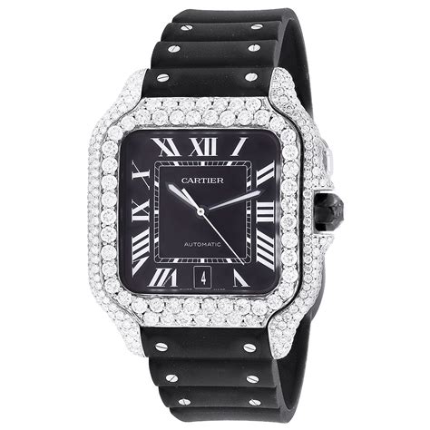 Men's Cartier Santos Diamond Watch 38mm Diamond Bezel Rubber Black ...