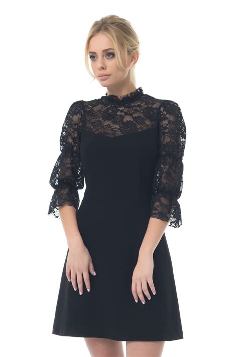Women Black Guipure Lace Elegant little black dress, Knee length ...