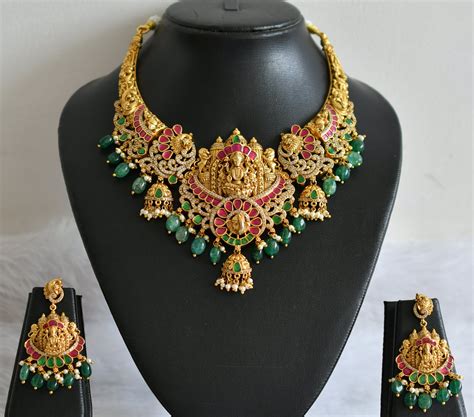 Antique gold tone cz pink-green kundan jadau green beaded lakshmi-peac ...