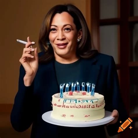 Kamala Harris holding a birthday cake and cigarette on Craiyon