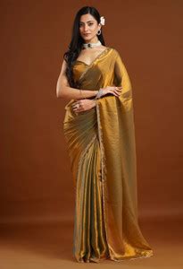 Buy QVIDYA Self Design, Embellished Bollywood Tussar Silk Yellow Sarees ...