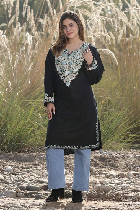Pitch dark black colour aari work embroidered kurti with new designer