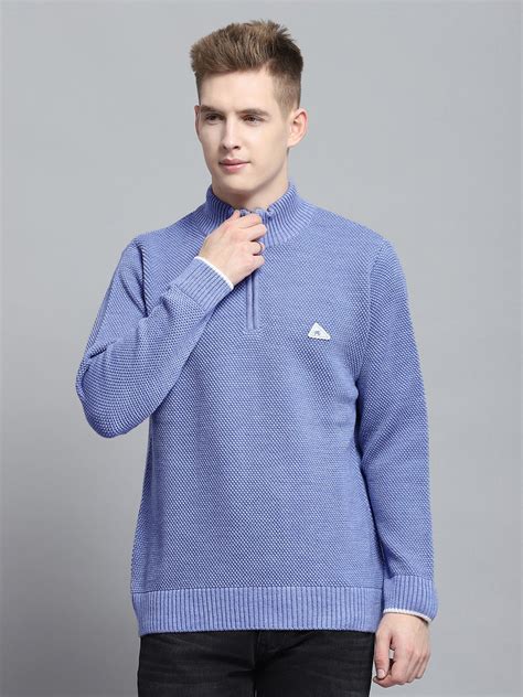 Buy Men Blue Self Design Mock Neck Full Sleeve Pullover Online in India ...