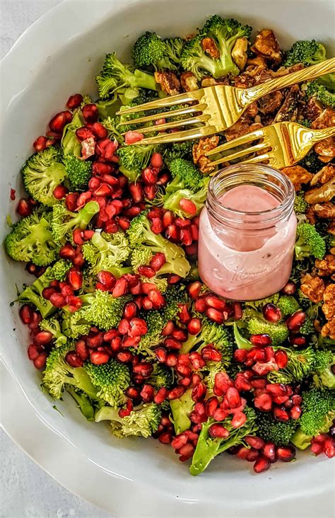 Vegan Broccoli Salad with Pomegranate Arils + Maple Walnuts