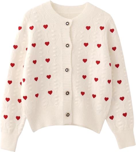 Women Embroidery Heart Knit Cardigan Sweater, Beige, Large : Amazon.ca ...