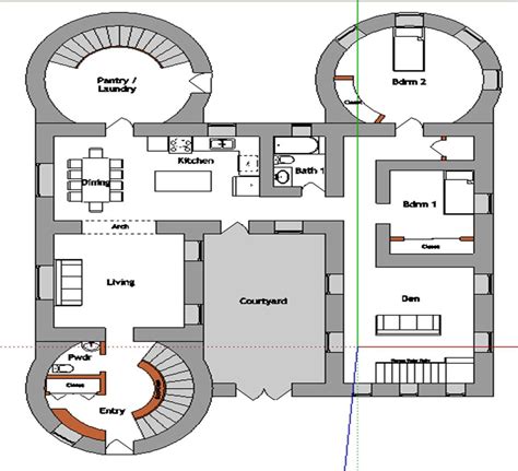 U-shaped Castle Level 1 Floor Plan with Spiral Staircases