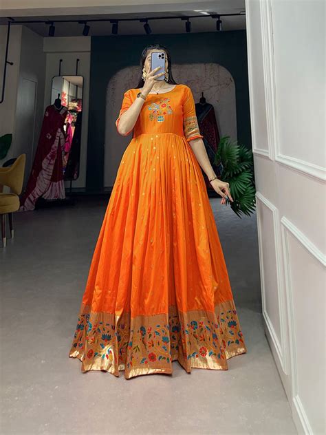Women Traditional Orange Paithani Gown for Wedding and Diwali – mahezon
