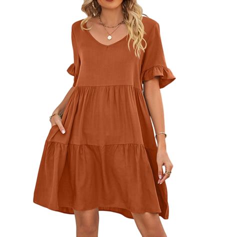 Summer Dress, Casual V Neck Ruffle Short Sleeves Pleated Dress Loose ...