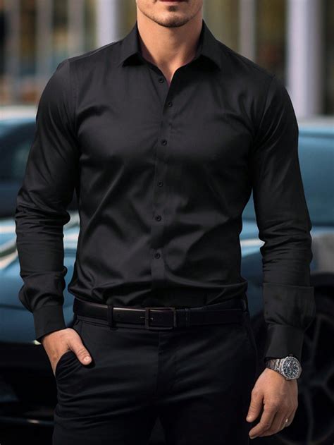 Manfinity Mode Men's Solid Color Long Sleeve Shirt | Black shirt ...