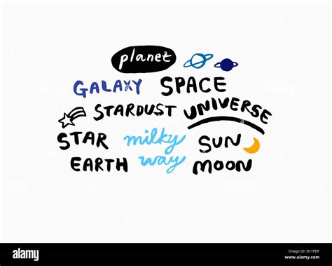 words related to space written in different fonts and colours Stock ...