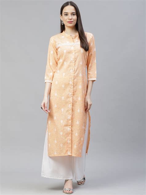 Women Orange Ethnic Motifs Ikat Kurta with lace work – Jompers