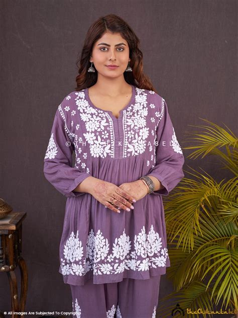 Rosa Modal Chikankari Short Kurta Set-Mauve|The Chikan Label