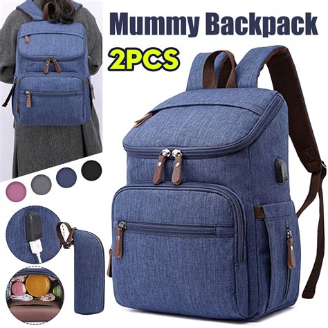 2 Pcs USB Mummy Backpack Waterproof Baby Diaper Bag Nappy Storage Bag ...