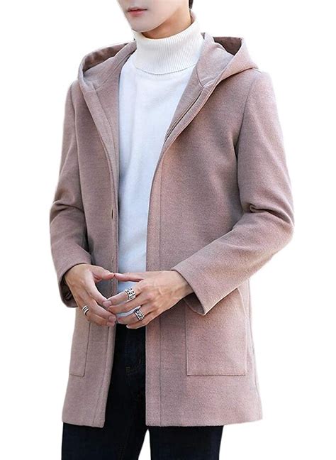 Belie Mens Overcoat Solid Color Hooded Woolen Mid Long Jacket Pea Coat ...