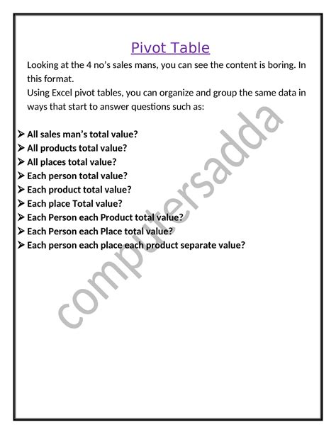 Pivot Table Questions - Pivot Table Looking at the 4 no’s sales mans ...