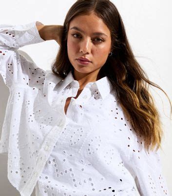 White Cotton Crop Broderie Shirt | New Look