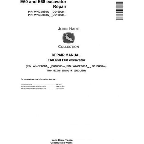 John Deere E60 and E68 Excavator Pdf Technical Repair Service Manual T